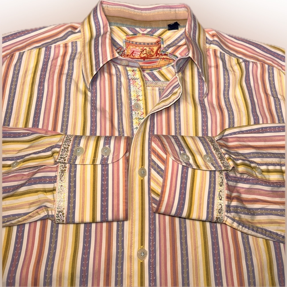 Robert Graham Embroidered Bold Colorful Vibrant Striped Button Down Luxe Shirt L
